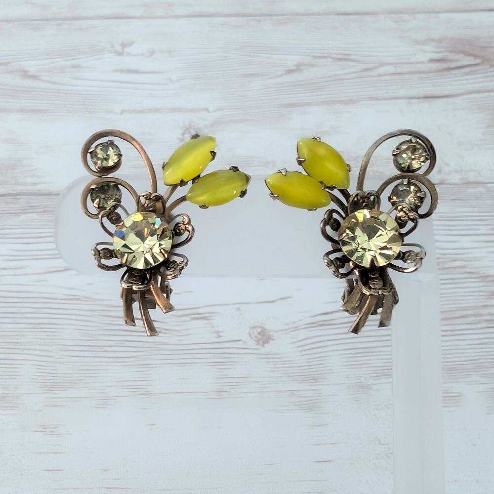Vintage Clip On Earrings Large Statement Green Tones